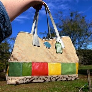 Coach kisslock Multicolor Patchwork Tote oversized Bag red green yellow tan